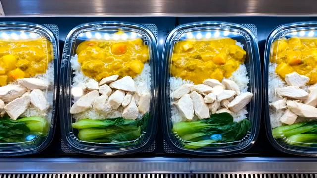  整齐排列的咖喱鸡肉盒饭2481#横屏 	 -