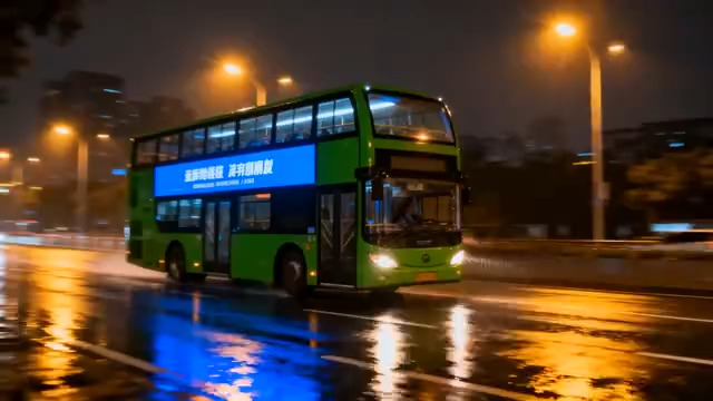  雨夜中的绿色双层巴士2431#横屏 	 