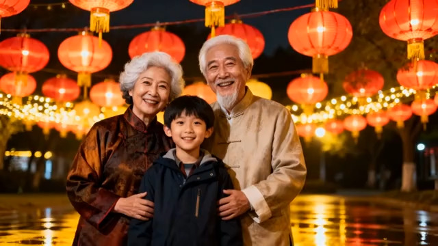  爷孙三代灯笼下合影2334#横屏 	 