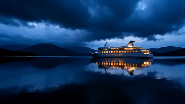  夜航游轮湖面倒影2336#横屏 	 