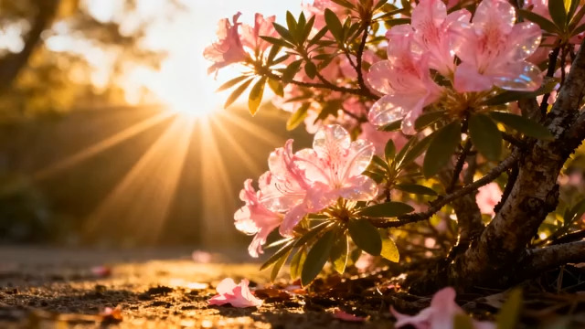  阳光下盛开的粉色杜鹃花2317#横屏 	 