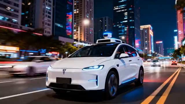  夜景城市自动驾驶汽车行驶2338#横屏 	 