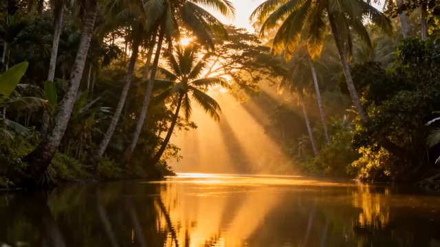  椰林阳光湖面晨景2332#横屏 	 