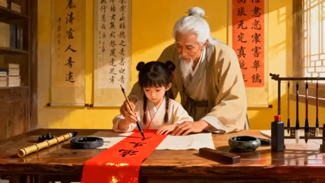  爷孙写春联2335#横屏 	 