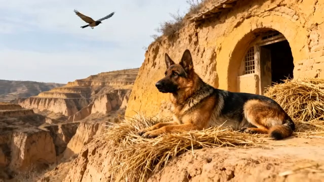  窑洞前的德国牧羊犬2326#横屏 	 