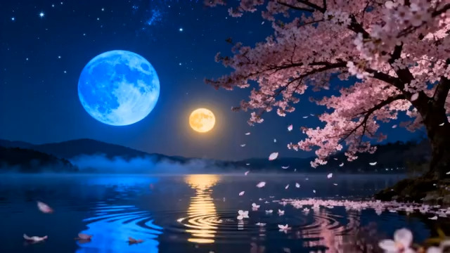  月下樱花夜景2452#横屏 	 
