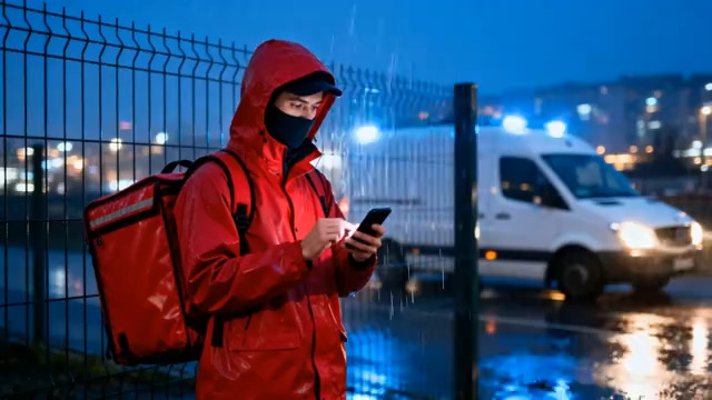  雨夜外卖员看手机配送2430#横屏 	 