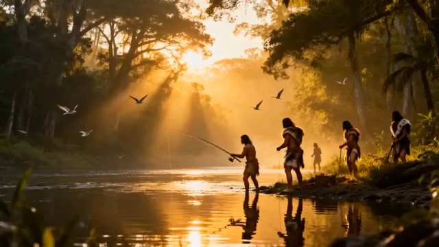  原始部落河畔捕鱼2440#横屏 	 