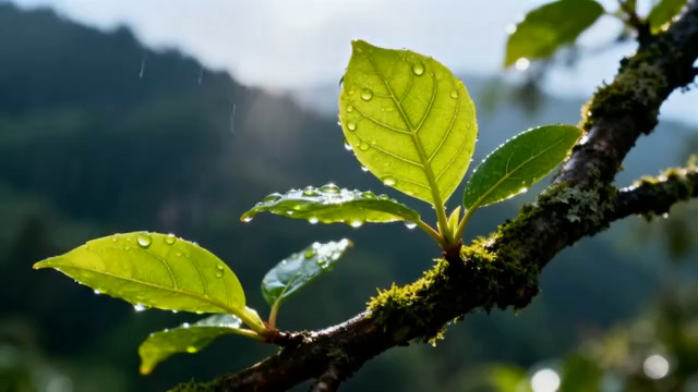  雨后绿叶露珠特写2411#横屏 	 