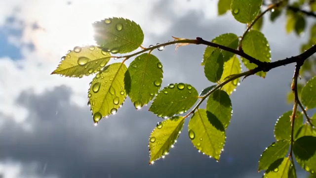  雨后绿叶带水珠特写2410#横屏 	 