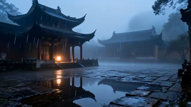  雨夜古寺灯火朦胧2427#横屏 	 