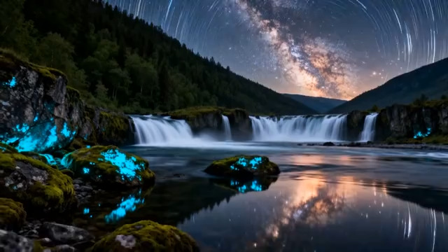  荧光岩石银河下的瀑布2381#横屏 	 