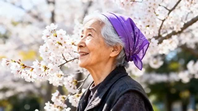  樱花树下的微笑奶奶2376#横屏 	 