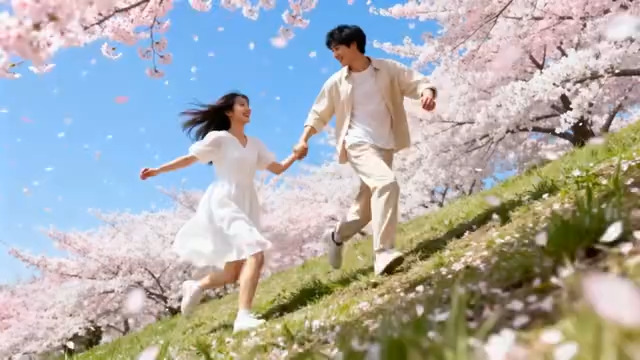  樱花树下情侣牵手奔跑2379#横屏 	 -