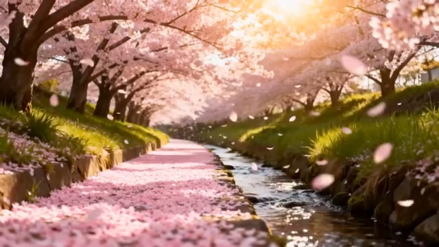  樱花盛开的小溪小径2375#横屏 	 