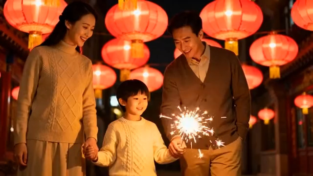  一家三口元宵赏灯玩烟花2348#横屏 	 