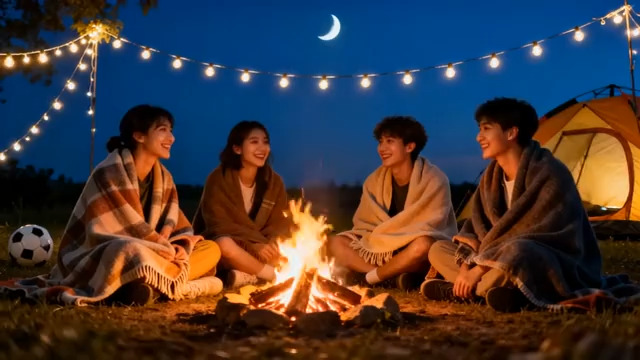  夜晚露营篝火聚会2346#横屏 	 