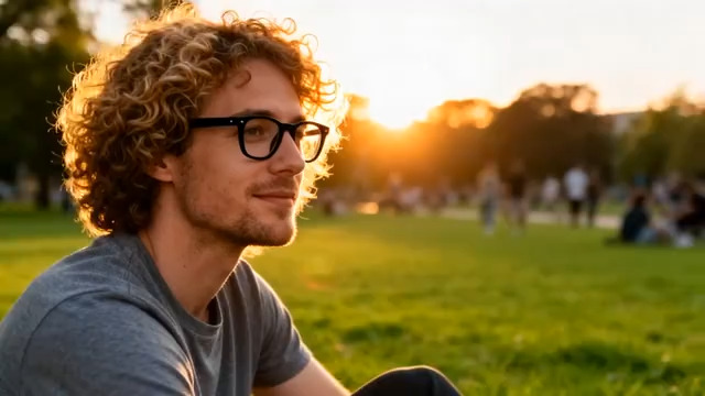  阳光下的卷发男子微笑2299#横屏 	 