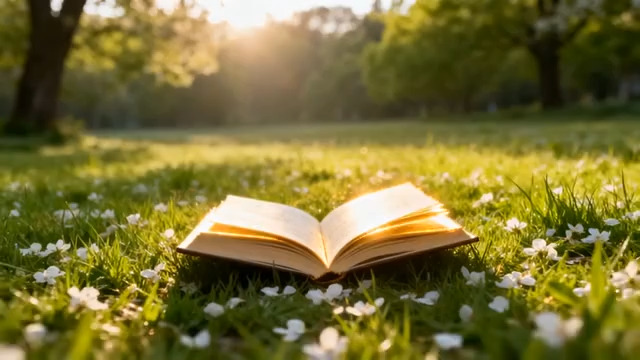  阳光下的书本与草地2303#横屏 	 