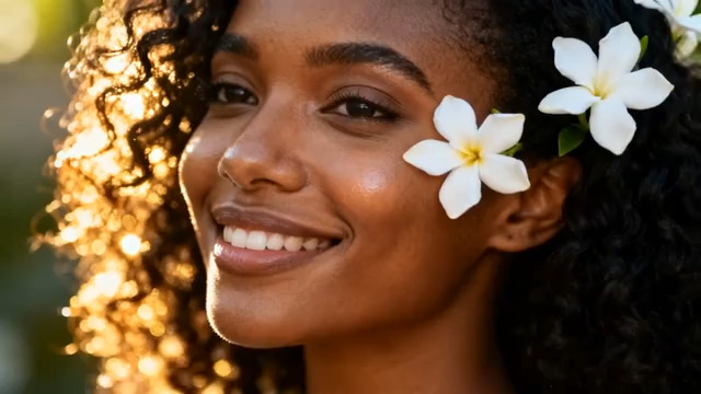  阳光花饰黑人女性微笑2263#横屏 	 