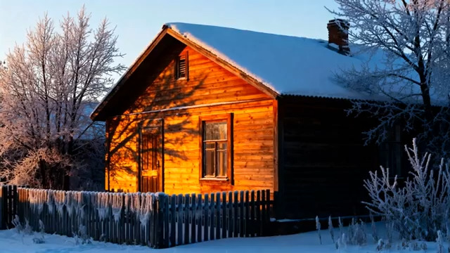  雪中小木屋冬日暖阳2229#横屏 	 