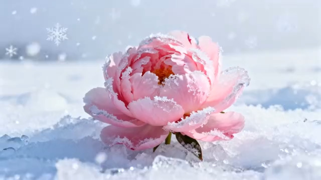  雪中盛开的粉色牡丹2228#横屏 	 