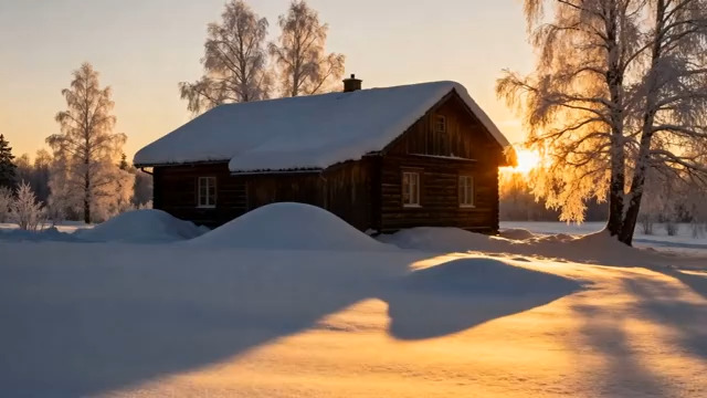  雪中小屋日落美景2230#横屏 	 