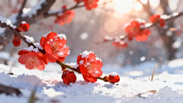  雪中红梅特写2226#横屏 	 