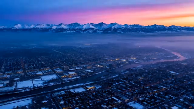  雪山下的城市晨雾2193#横屏 	 -