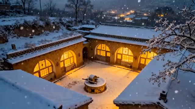  雪夜黄土窑洞灯火2216#横屏 	 