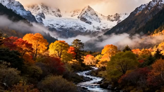  雪山下的秋日彩林2198#横屏 	 