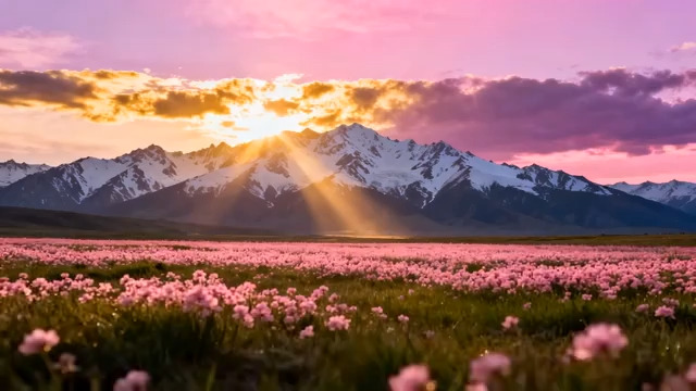  雪山下的粉色花海日出2196#横屏 	 
