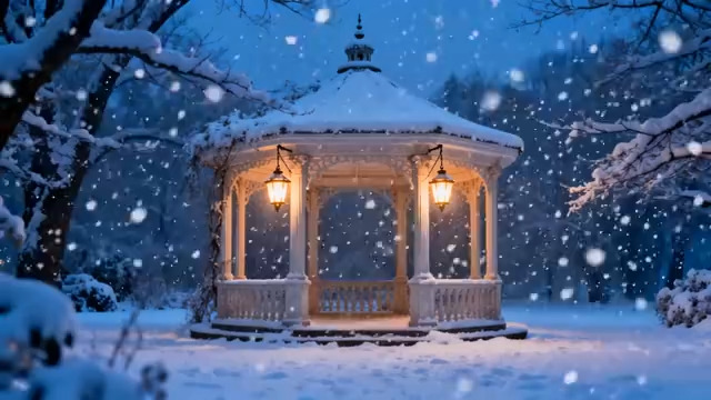  雪夜亮灯凉亭风景2217#横屏 	 