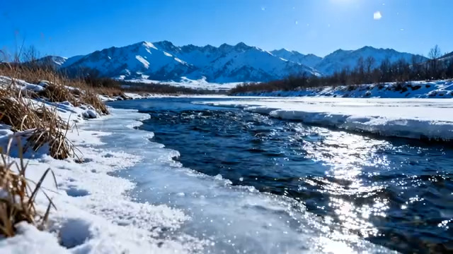  雪山下的冰河雪景2191#横屏 	 