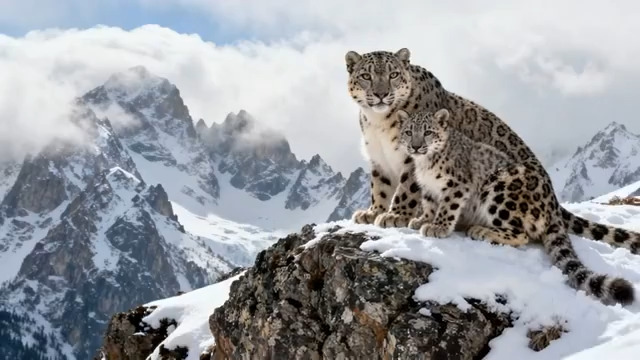  雪山之巅的雪豹母子2212#横屏 	 