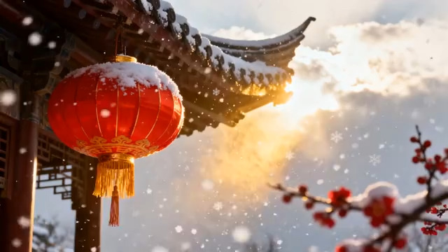  雪景红灯笼古建筑2168#横屏 	 