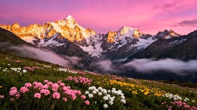  雪山花海日落风光2182#横屏 	 