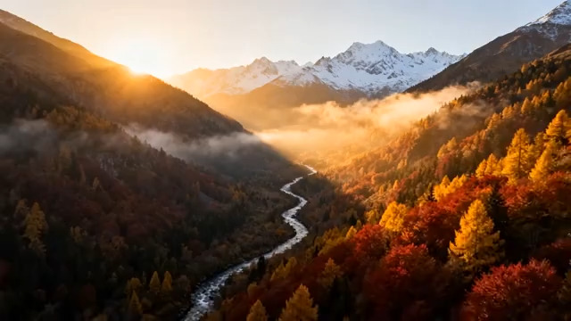  雪山秋林晨雾日出2187#横屏 	 -