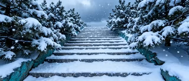  雪景台阶与松树景观2169#横屏 	 