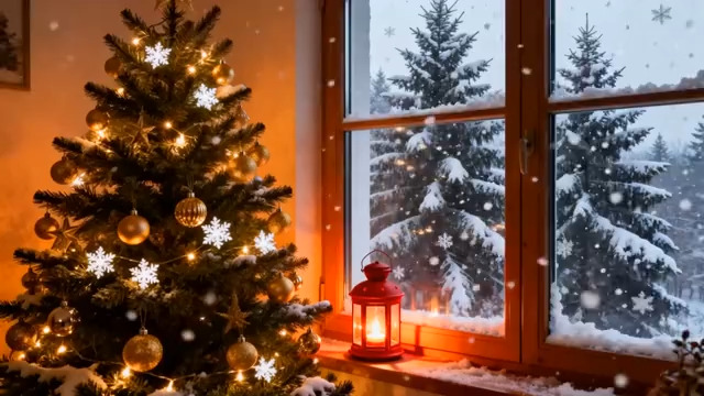  温馨圣诞夜雪景窗景1945#横屏 	 