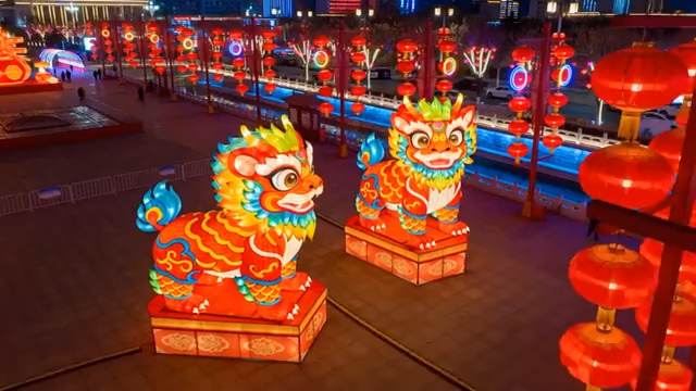  新年舞狮彩灯夜景2116#横屏 	 