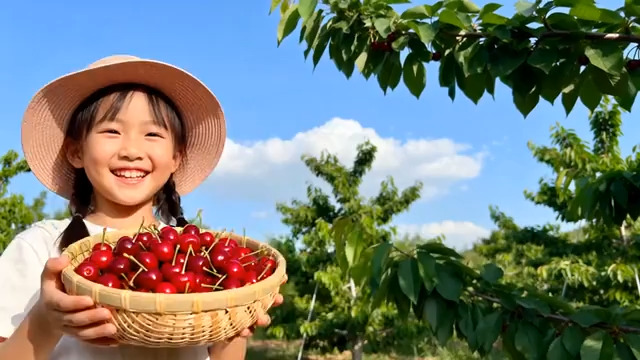  小女孩手捧樱桃篮微笑2092#横屏 	 