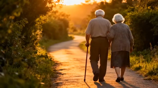  夕阳下的老两口散步1996#横屏 	 