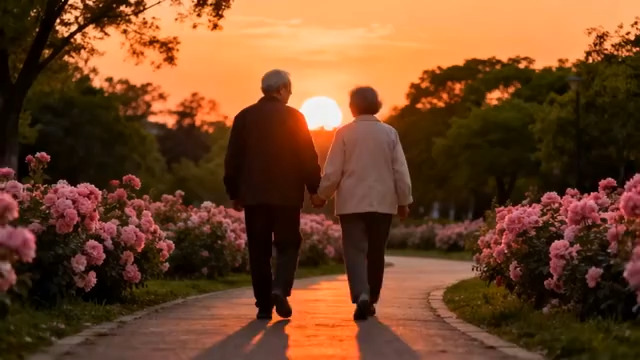  夕阳下的老年夫妻散步1997#横屏 	 