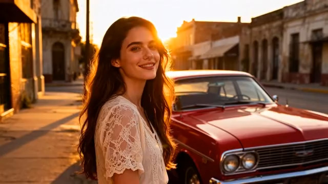  夕阳下的红衣少女与老车1992#横屏 	 