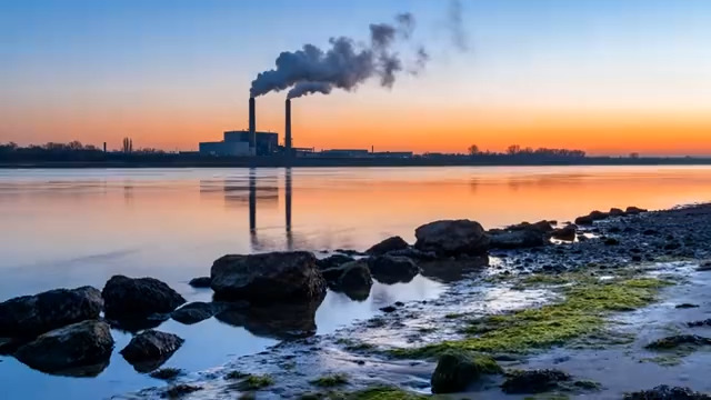  夕阳下的工厂与湖面倒影1984#横屏 	 