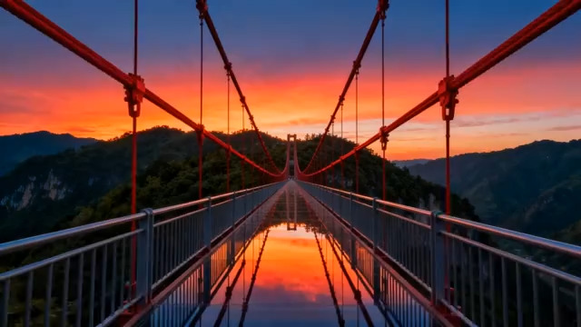  夕阳下的红色吊桥1991#横屏 	 