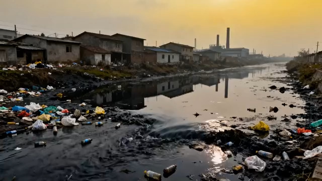  污染河流与工厂黄昏1953#横屏 	 