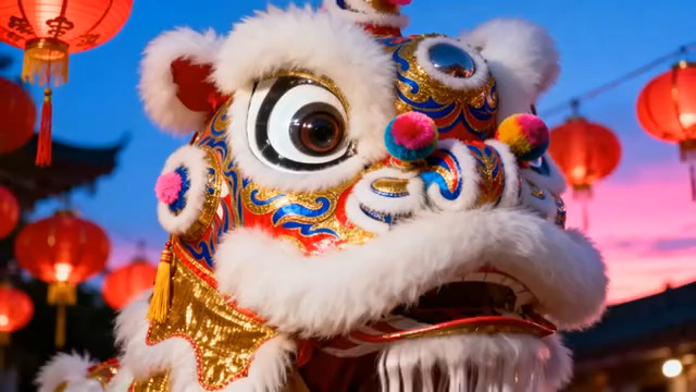  舞狮头特写 传统节庆1964#横屏 	 