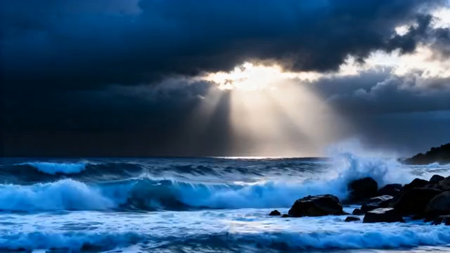  乌云破日海浪拍打礁石1949#横屏 	 